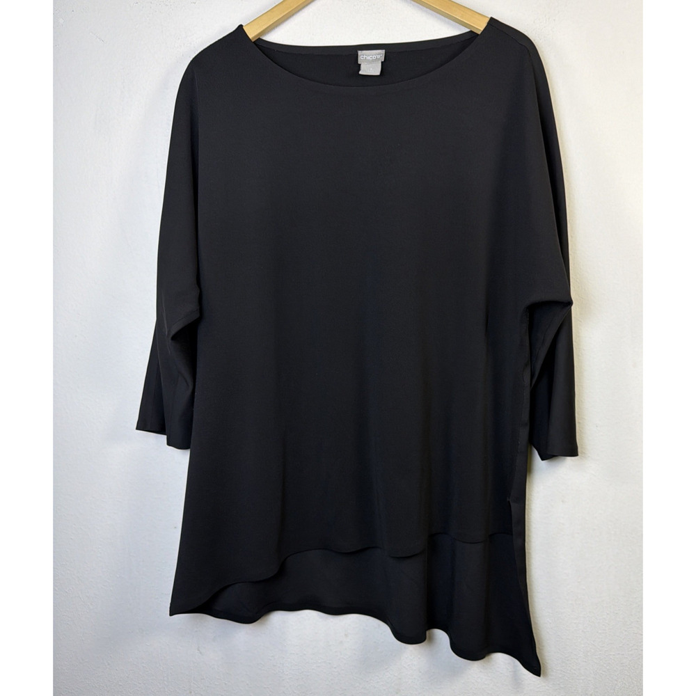 Chico's 2 black minimalist cottagecore black designer blouse traveler large top